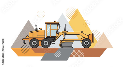 Flat Design Yellow Grader Machine with Geometric Background Elements