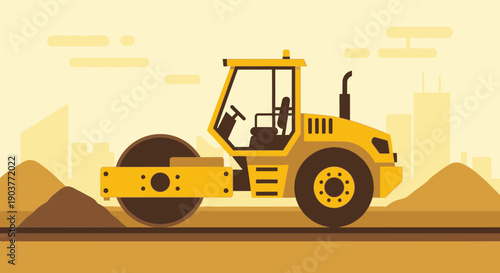 Flat Design Yellow Roller Compactor Machine On Construction Site