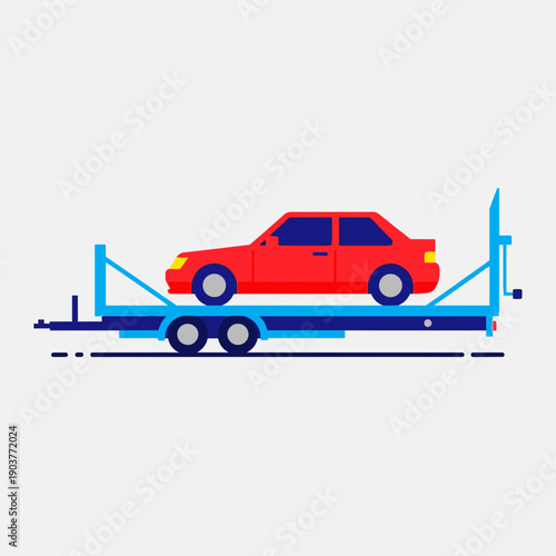 Flat Design Automobile Transport Trailer With Red Car Illustration