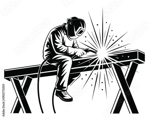Industrial welder illustration, skilled worker welding metal on a workbench with sparks representing manufacturing craftsmanship, heavy industry, and professional construction labor.