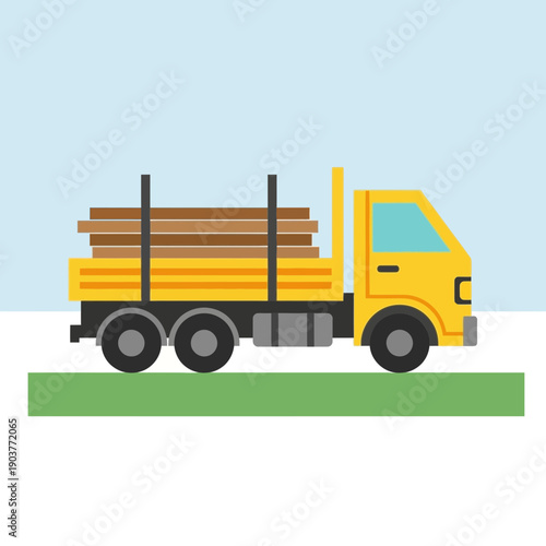 Flat Design Yellow Truck Transporting Wooden Planks On Road