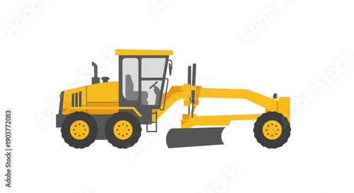 Flat Style Yellow Motor Grader Construction Vehicle Isolated