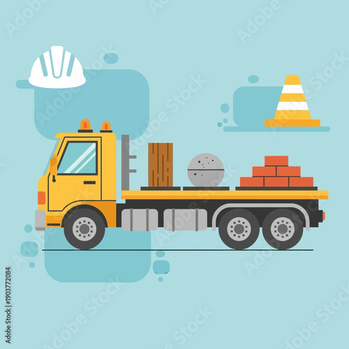 Flat Design Construction Truck Delivering Building Materials For Site Development Project