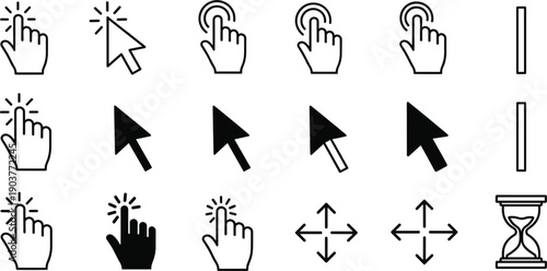 Computer Mouse Cursor and Hand Pointer Icon Set with Click, Select, Loading Hourglass, and Directional Arrow Symbols for Website and App Interface Design