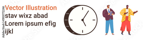 Time management, teamwork, productivity, business interaction, organization, collaboration. Abstract clock alongside two people in a discussion. Time management and teamwork concept