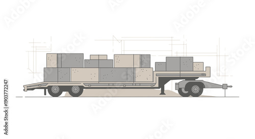 Flatbed Trailer Carrying Construction Blocks With Blueprint Background Vector Art