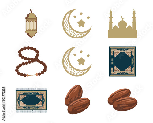 Islamic Ramadan symbol illustration set, crescent moon mosque Quran prayer beads lantern and dates representing faith fasting worship and spiritual traditions.