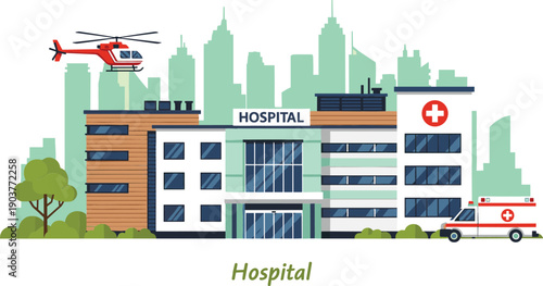 Modern hospital building exterior with emergency helicopter ambulance and city skyline for healthcare and medical facility concept