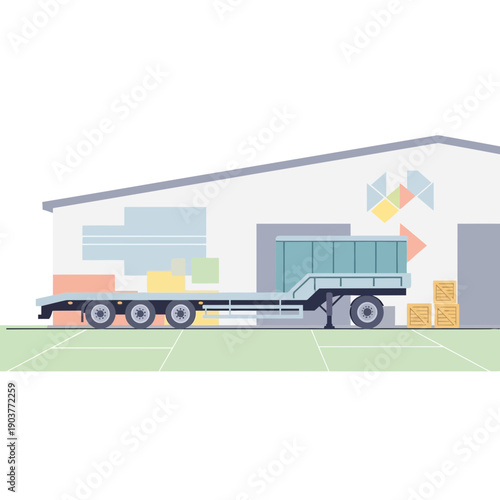 Flatbed Trailer Docked At Modern Warehouse Loading Bay