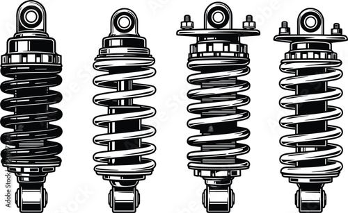 Set of car shock absorber illustrations, automotive suspension springs, vehicle damper icons, auto parts collection, black and white vector isolated on white.