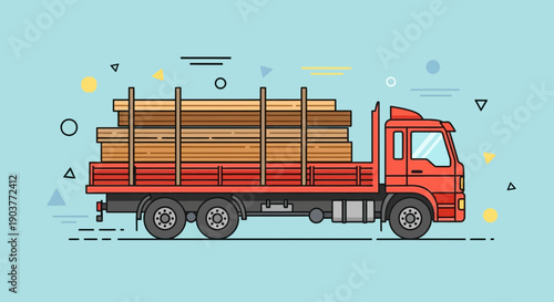 Flat Design Red Truck Transporting Lumber On Blue Background