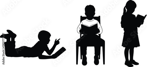 Set of children reading books silhouettes, boy lying down, boy sitting on chair, girl standing with book, vector illustrations isolated on white.