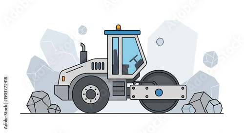 Flat Design Steamroller Compacting Rocks Construction Machine