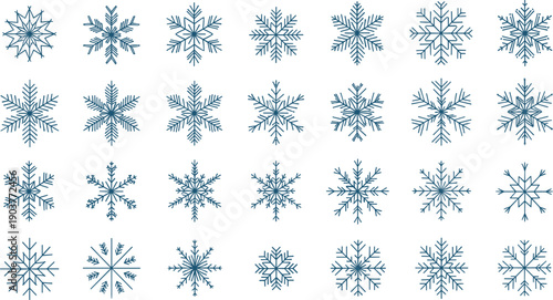 Snowflake icon collection, winter frost crystal patterns set, decorative ice symbols, seasonal design elements, blue vector illustration isolated on white background