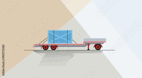 Flatbed Trailer Transporting Blue Shipping Crate With Red Wheels