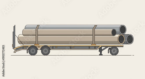 Flatbed Trailer Transporting Large Diameter Pipes For Construction Projects