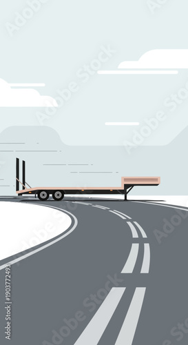 Flatbed Trailer Transporting Cargo On A Winding Road In A Minimalist Style
