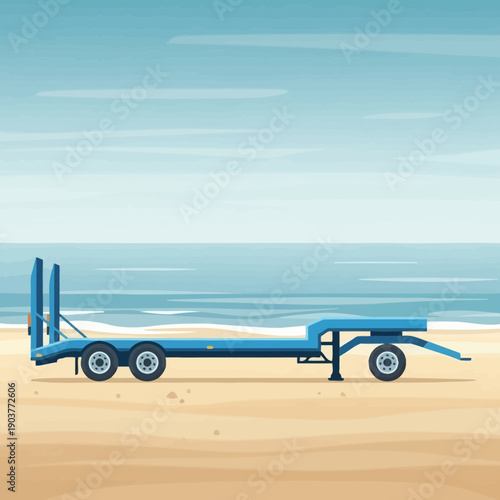 Flatbed Trailer Vehicle On Sandy Beach With Ocean Horizon