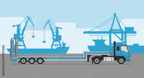 Flatbed Truck At Busy Harbor With Cranes and Ships Blue Illustration