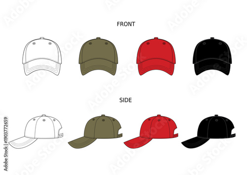 Cap set Fashion flat technical drawing vector template on white background.