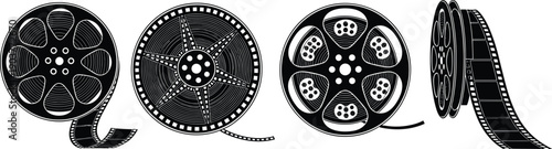 Set of cinema film reels silhouettes, vintage movie tape rolls, black and white filmstrip icons, vector illustration for entertainment design, isolated on white.