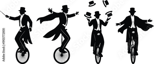Set of circus performer silhouettes, man in tuxedo riding unicycle, juggling top hats, magician acrobat vector illustrations collection, black figures isolated on white.