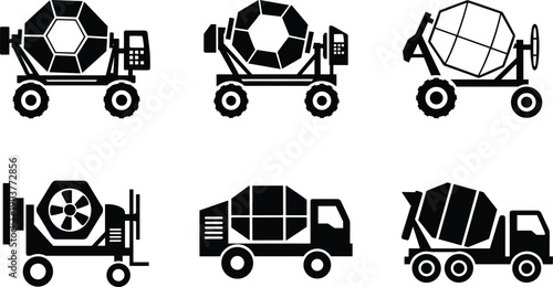 Black concrete mixer truck icons set for building construction industry cement mixing machinery transportation vector illustration isolated on white background for engineering projects