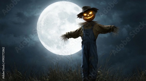 Chilling midnight setting of shadowy field with luminous pumpkinheaded figure