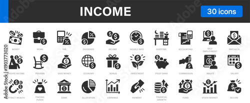 Income icons set. Earnings, Salary, Investment, Finance, Passive Income and others.