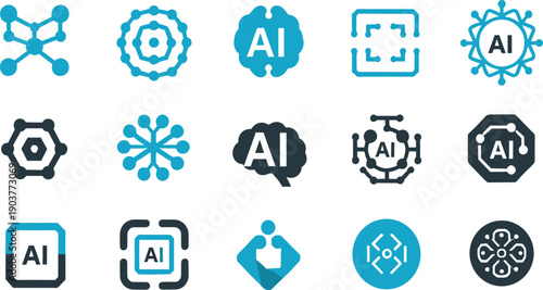 Artificial Intelligence Icon Vector Set with AI Symbols, Neural Networks, and Digital Technology Elements for Mobile Apps, Software Interfaces, and Data Science Designs