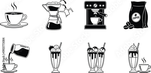 Set of coffee icons, espresso machine brewing, bag of beans, hot cup, pour over maker, milkshake dessert, black vector illustrations isolated on white.