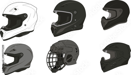 Protective Motorcycle Helmet Vector Set with Full Face and Guarded Headgear Designs for Biker Safety, Racing, Sports, and Transport Graphics.