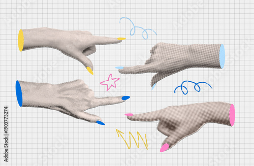 Trendy y2k halftone collage. Set of hands pointing fingers left and right with colorful nails and doodles. Vector pop art illustration on grid paper background. Choice, direction and variety concept.