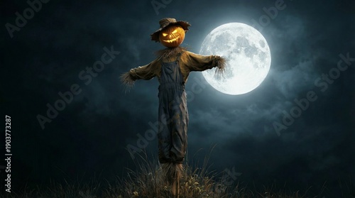 Nostalgic rural festival scene featuring tall scarecrow with silver light