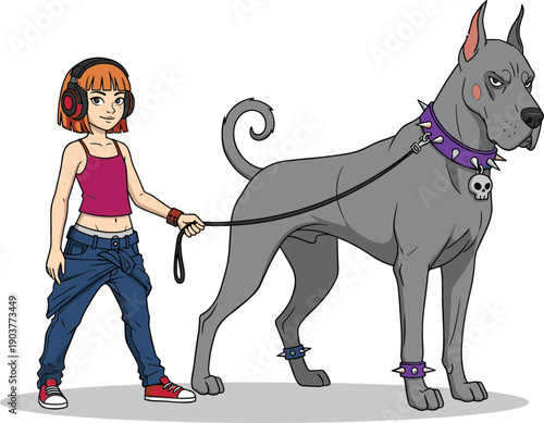 Urban girl with headphones walking a large Great Dane with spiked collars and skull charms cartoon vector