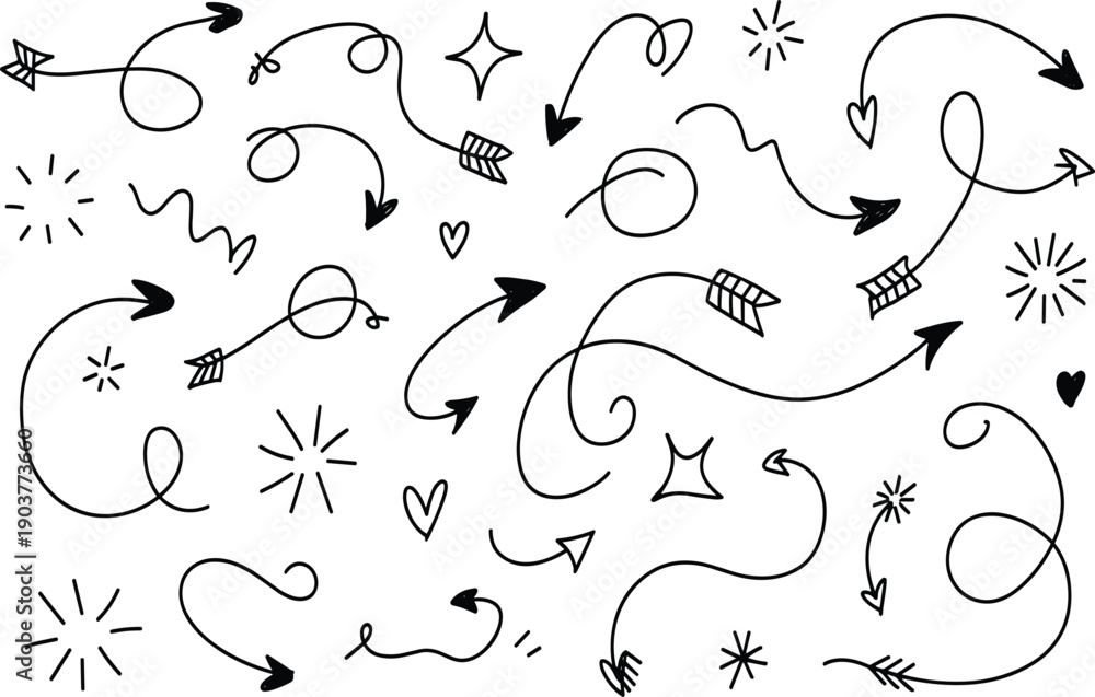 Obraz premium Black and white doodle arrows and symbols with hearts and stars de