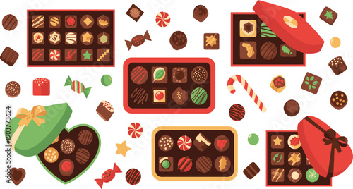 Assorted Chocolate and Candy Vector Illustration Collection with Gift Boxes, Sweets, and Confectionery Treats for Holiday Packaging, Festive Designs, and Celebration Graphics