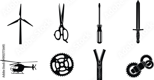 Black industrial icons set with wind turbine scissors screwdriver sword helicopter gear wheel zipper and mechanical parts for technical design vector illustration isolated