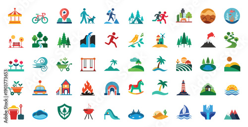 park and nature recreation colorful icon set, city garden playground and camping leisure symbol, hiking trail landscape vector illustration with editable stroke.