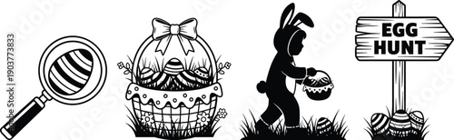Set of Easter egg hunt vector illustrations, basket with decorated eggs, child in bunny costume, magnifying glass, wooden signpost icons collection.