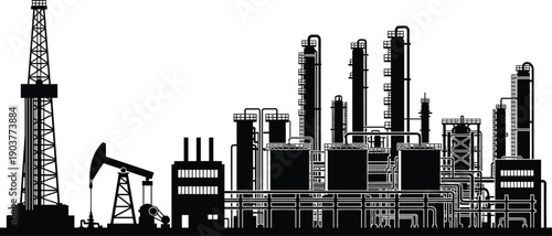 Black oil refinery silhouette with drilling rig pump jack and industrial factory processing plant for petroleum energy industry vector illustration isolated on white