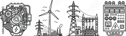 Set of electric power industry illustrations, wind turbine generator, transmission tower grid, industrial engine motor, electrical control panel board, black vector icons collection.