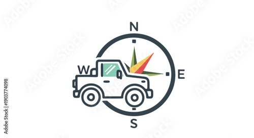 Simple Jeep 4x4 combined with a compass icon, minimal flat design