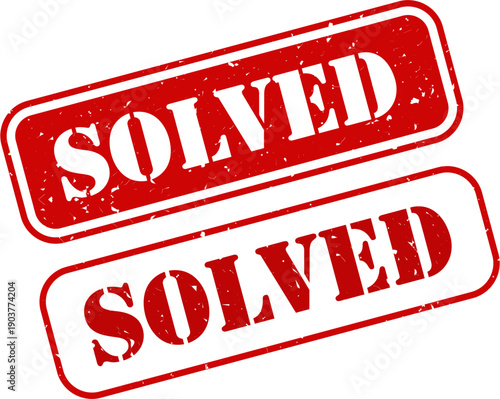 Solved Grunge Rubber Stamp, Vintage Distressed Red Label, Retro Ink Texture Frame, Vector Illustration for Completed Task, Answer Found, Resolved Case, Official Mark