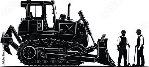 Heavy industrial bulldozer silhouette with construction workers for earthmoving machinery site development and building project vector illustration isolated on white background for engineering