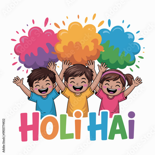 Happy Children Celebrating Holi Festival with Colorful Powder Clouds Vector