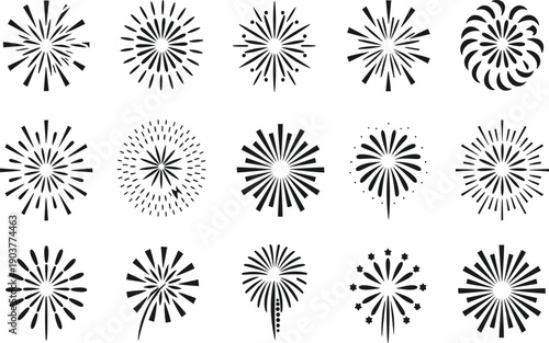 Black and white fireworks explosion patterns in circular shapes de