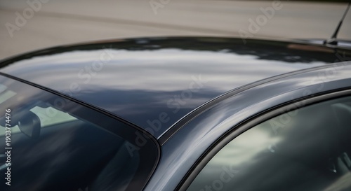 Closeup shot of a sleek black car roof reflecting the sky capturing details.