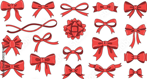 Red Ribbon Bow Vector Illustration Set with Decorative Gift Bows and Tied Ribbons for Holiday Packaging and Festive Design Projects.