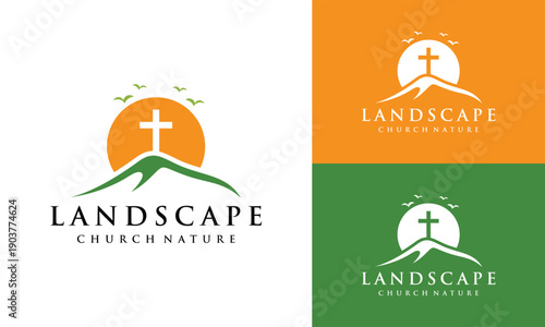 Minimalist Landscape Hill Mountain Peaks Morning Summer Sun Cross Christian Church logo design inspiration